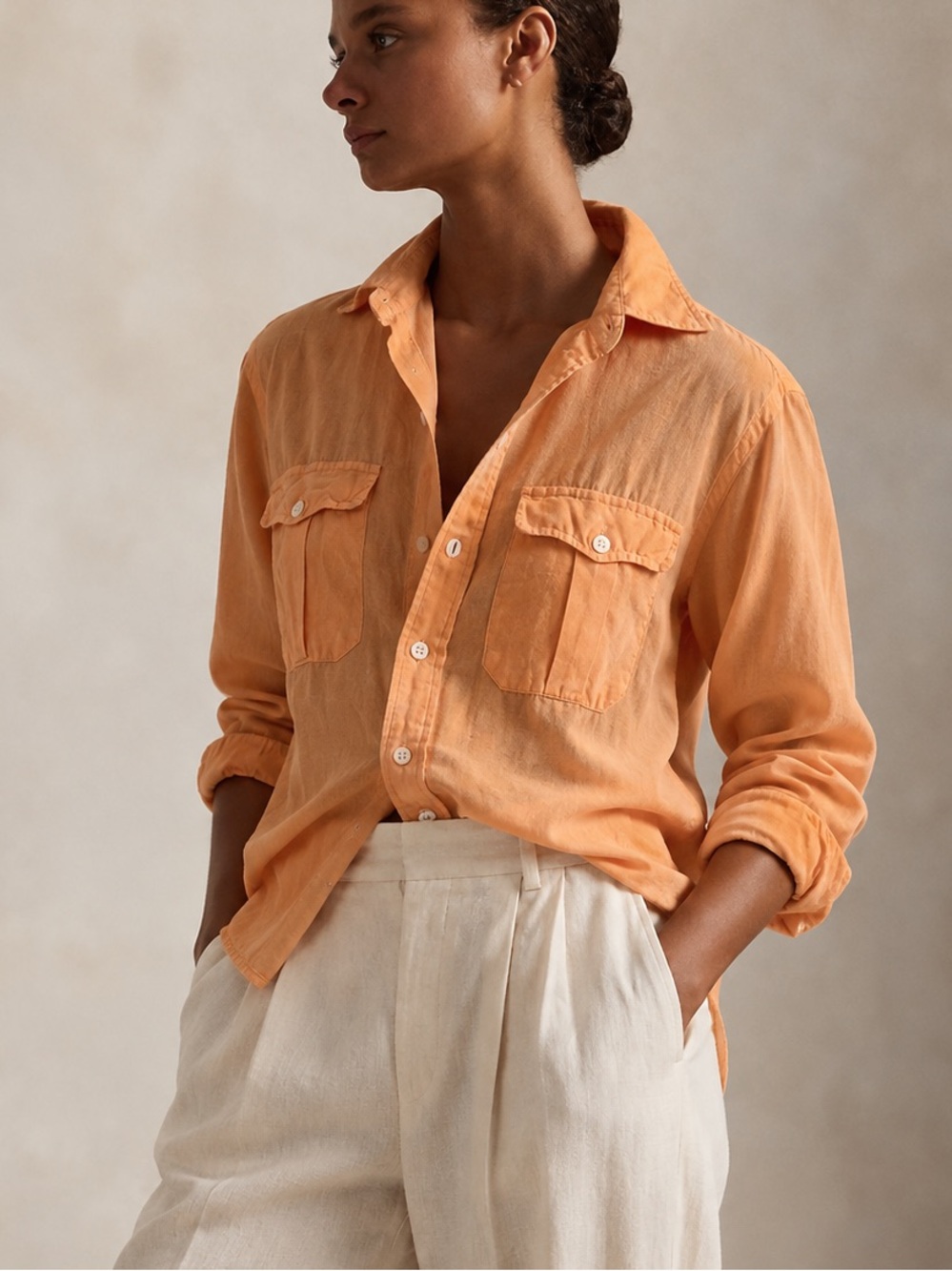 425. Polo Ralph Lauren Linen Cotton Mulberry Silk Button-Down Orange Shirt